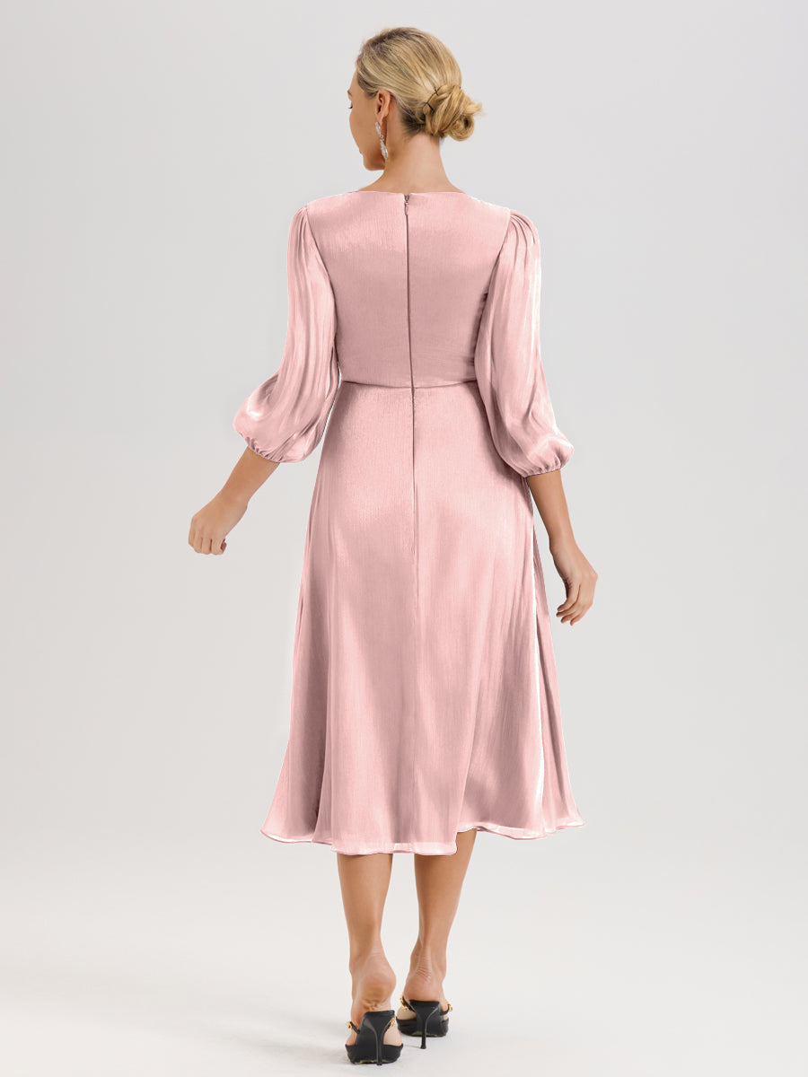 Cicinia Rose Poudré Robe Mère De La Mariée Décolleté En V Manches Trois-Quarts Longueur Mi-Mollet