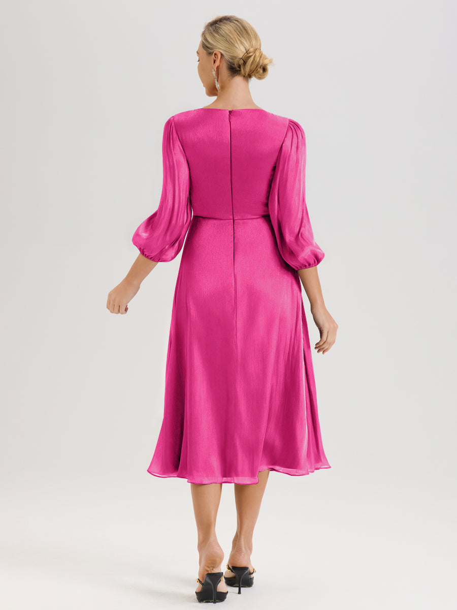 Cicinia Fuchsia Robe Mère De La Mariée Décolleté En V Manches Trois-Quarts Longueur Mi-Mollet