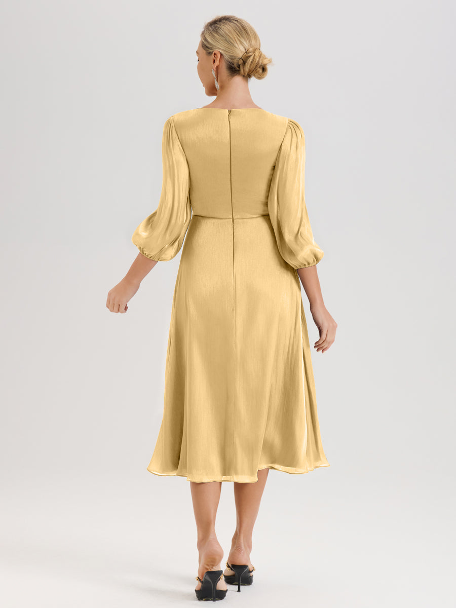 Cicinia Or Robe Mère De La Mariée Décolleté En V Manches Trois-Quarts Longueur Mi-Mollet