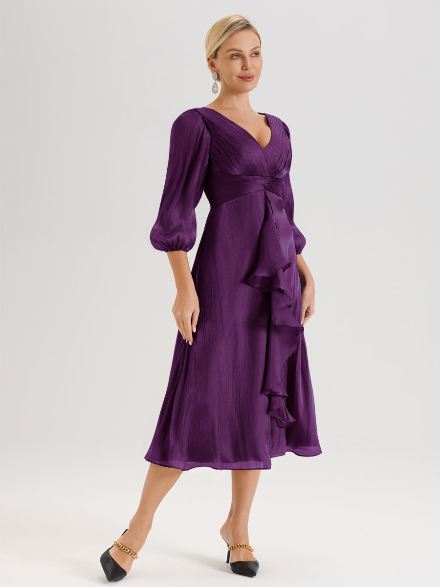 Cicinia Raisin Robe Mère De La Mariée Décolleté En V Manches Trois-Quarts Longueur Mi-Mollet