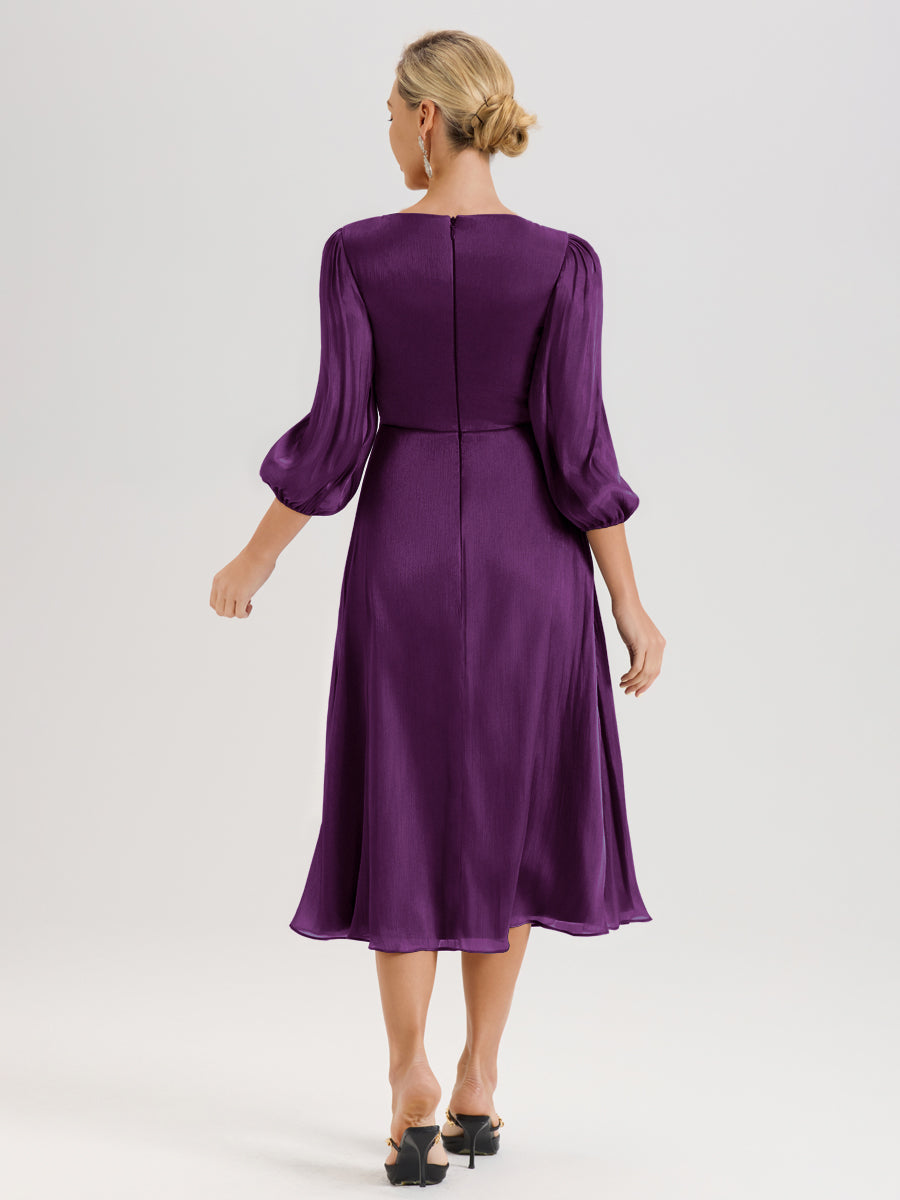 Cicinia Raisin Robe Mère De La Mariée Décolleté En V Manches Trois-Quarts Longueur Mi-Mollet