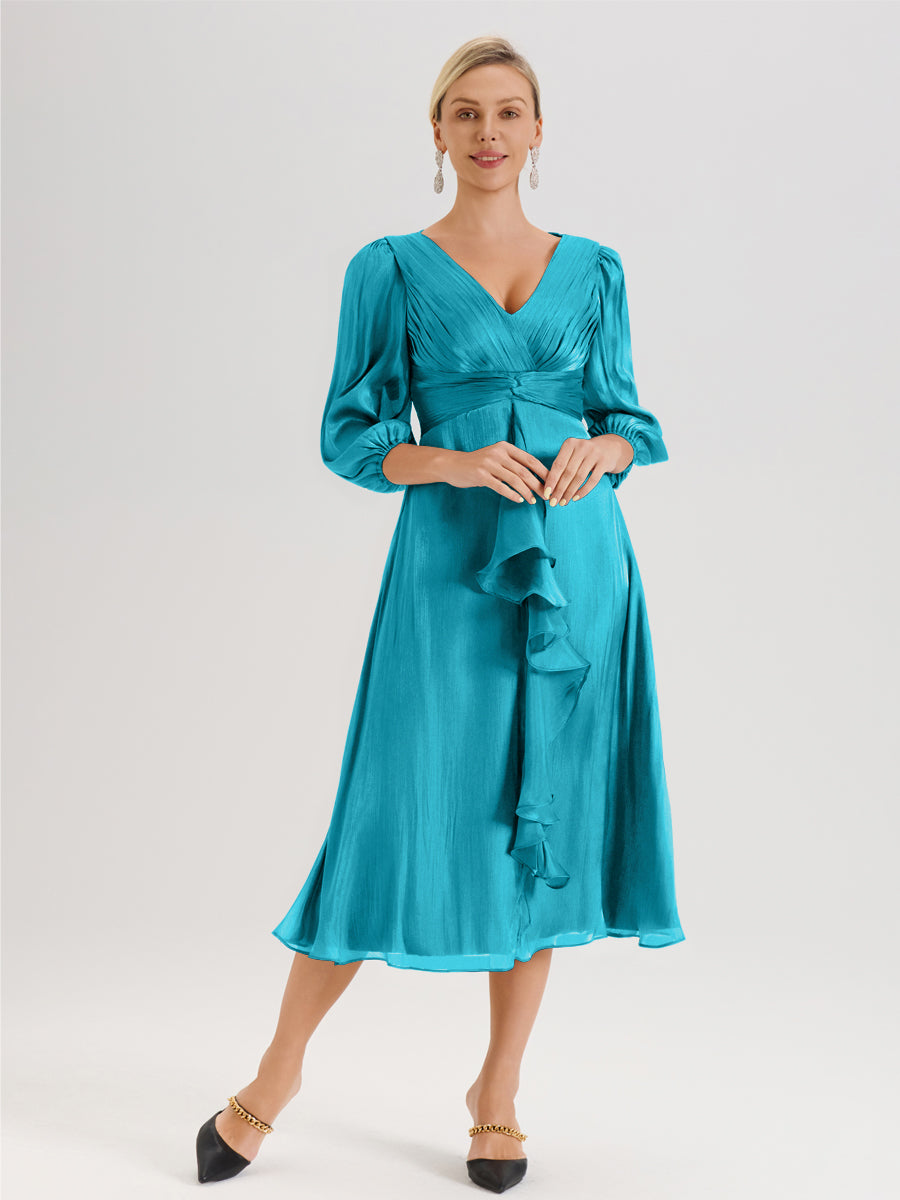 Cicinia Jade Robe Mère De La Mariée Décolleté En V Manches Trois-Quarts Longueur Mi-Mollet