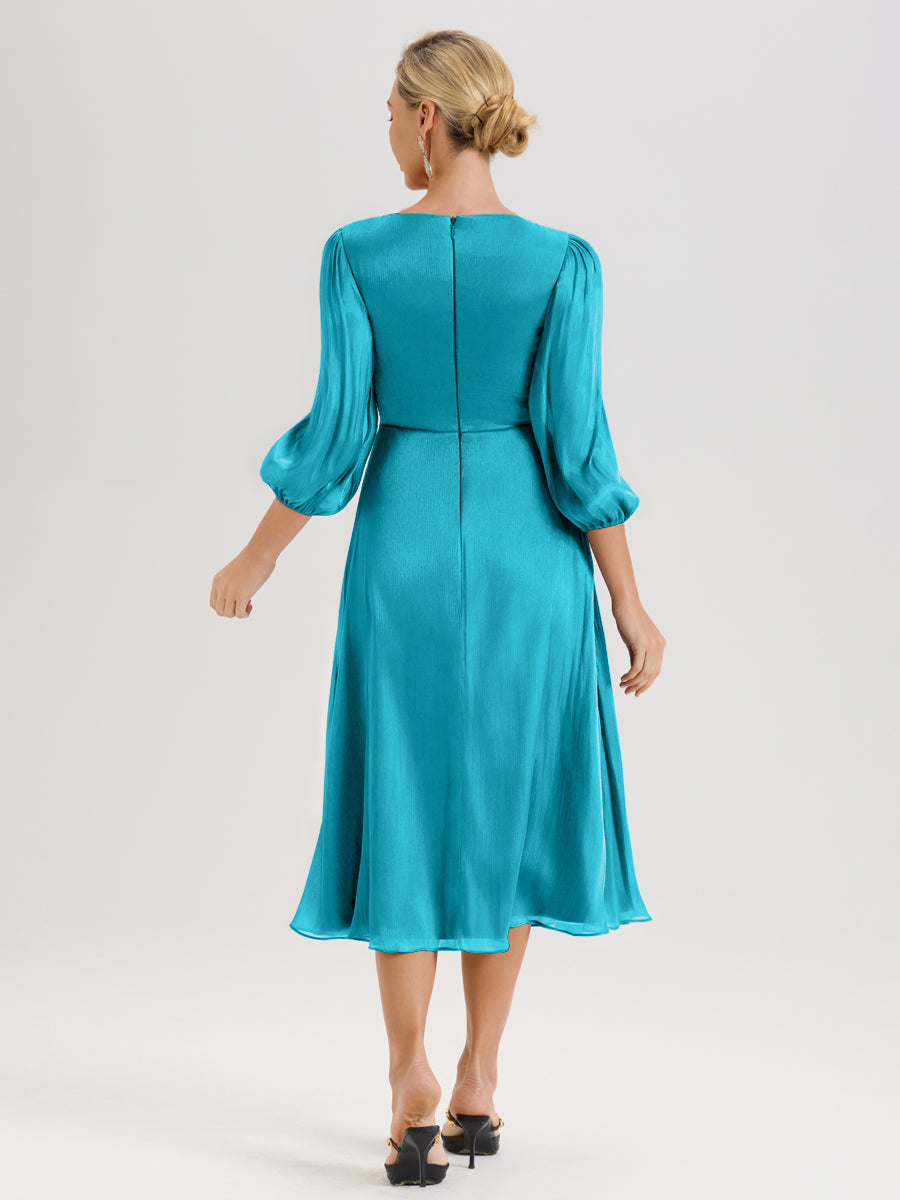 Cicinia Jade Robe Mère De La Mariée Décolleté En V Manches Trois-Quarts Longueur Mi-Mollet