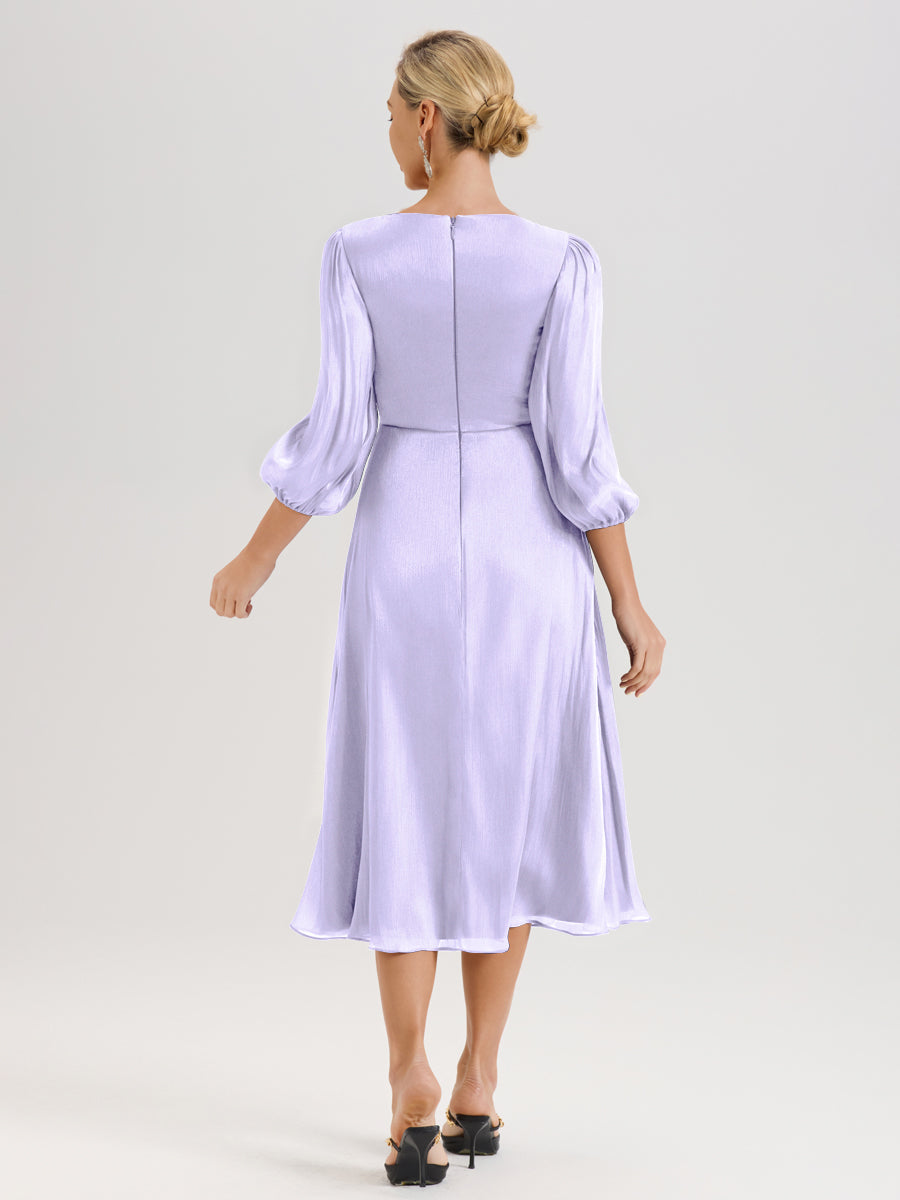 Cicinia Lilas Robe Mère De La Mariée Décolleté En V Manches Trois-Quarts Longueur Mi-Mollet