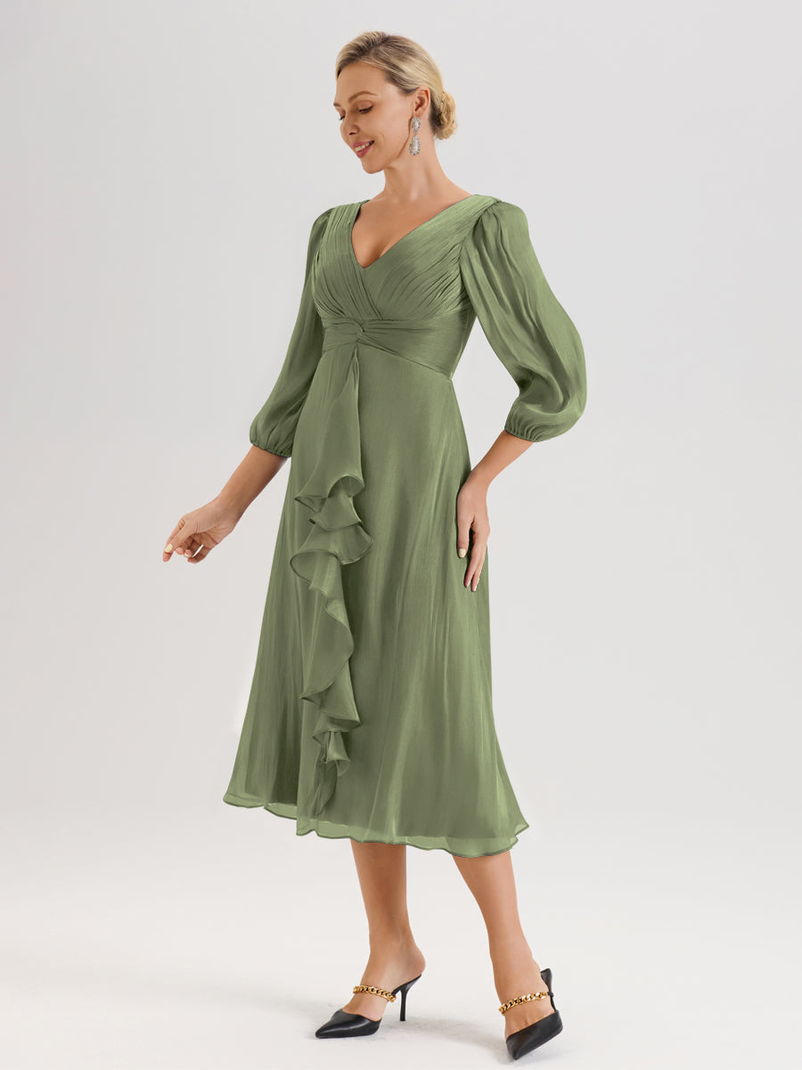 Cicinia Vert Olive Robe Mère De La Mariée Décolleté En V Manches Trois-Quarts Longueur Mi-Mollet