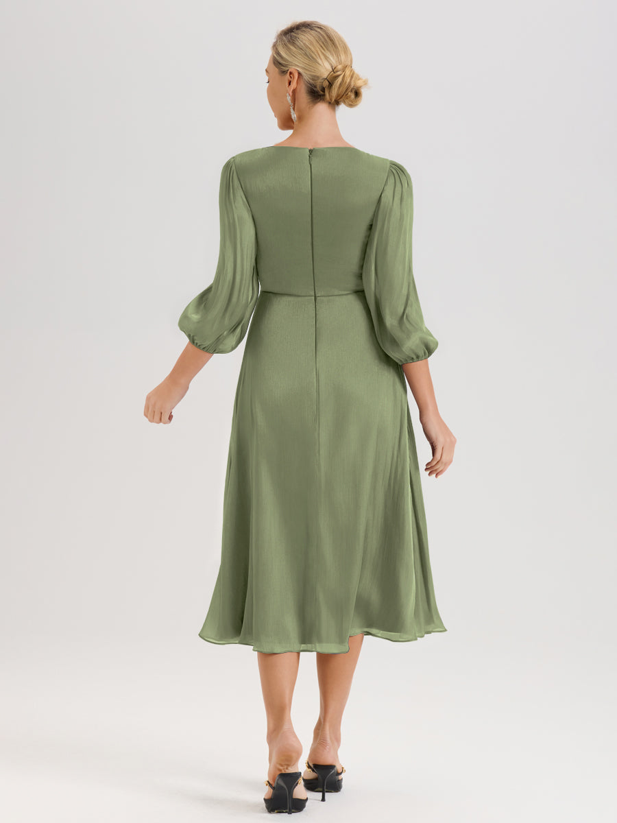 Cicinia Vert Olive Robe Mère De La Mariée Décolleté En V Manches Trois-Quarts Longueur Mi-Mollet