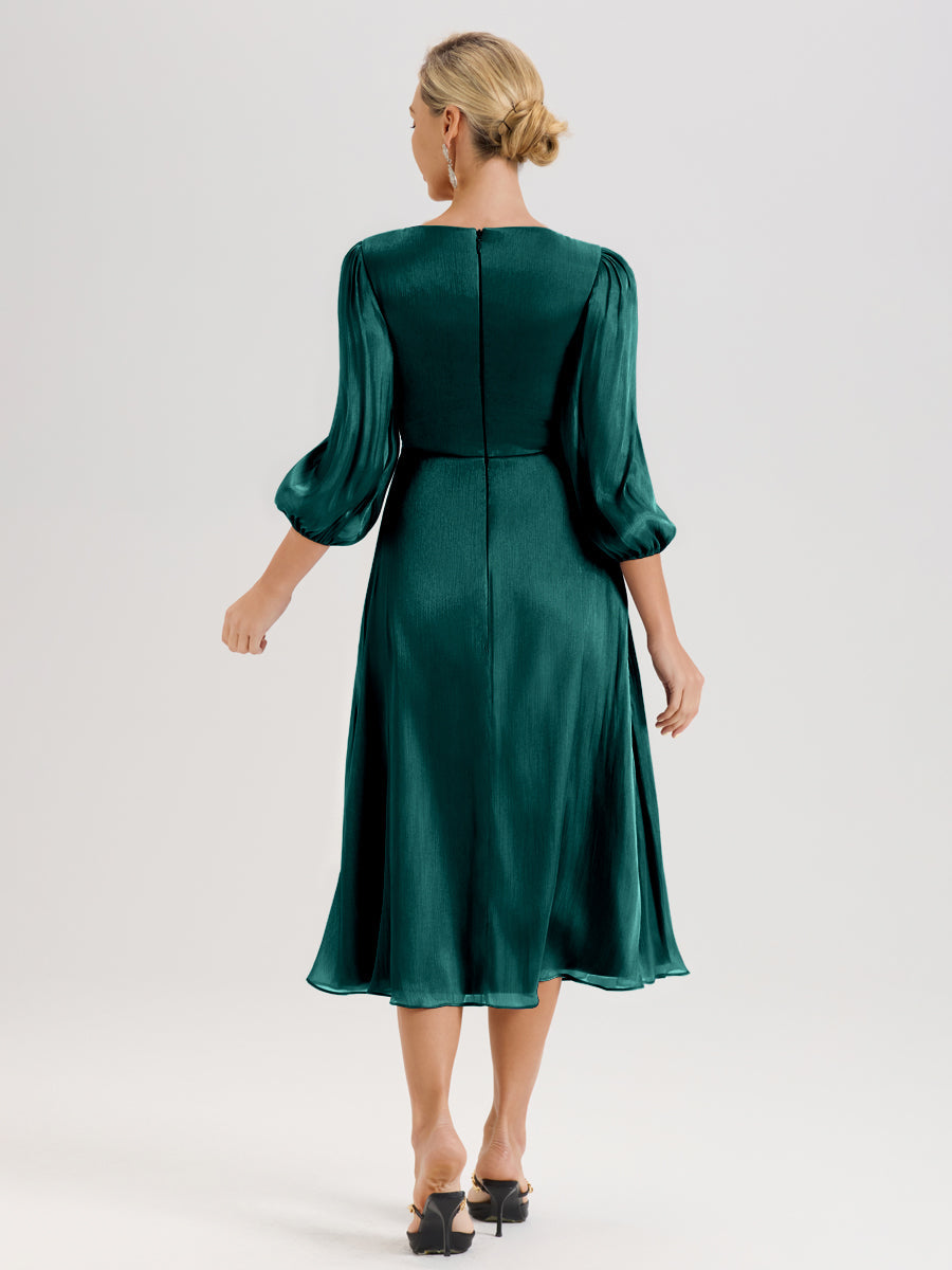 Cicinia Paon Robe Mère De La Mariée Décolleté En V Manches Trois-Quarts Longueur Mi-Mollet