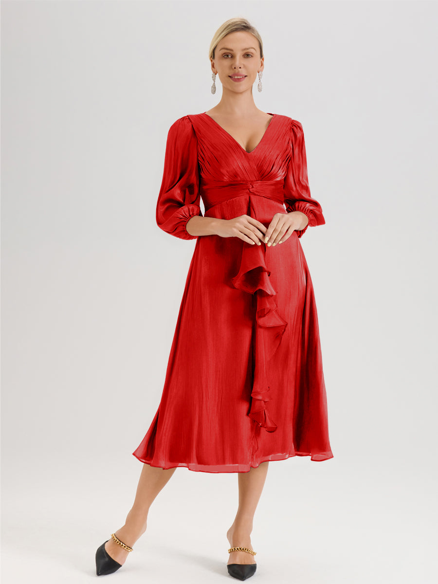 Cicinia Rouge Robe Mère De La Mariée Décolleté En V Manches Trois-Quarts Longueur Mi-Mollet