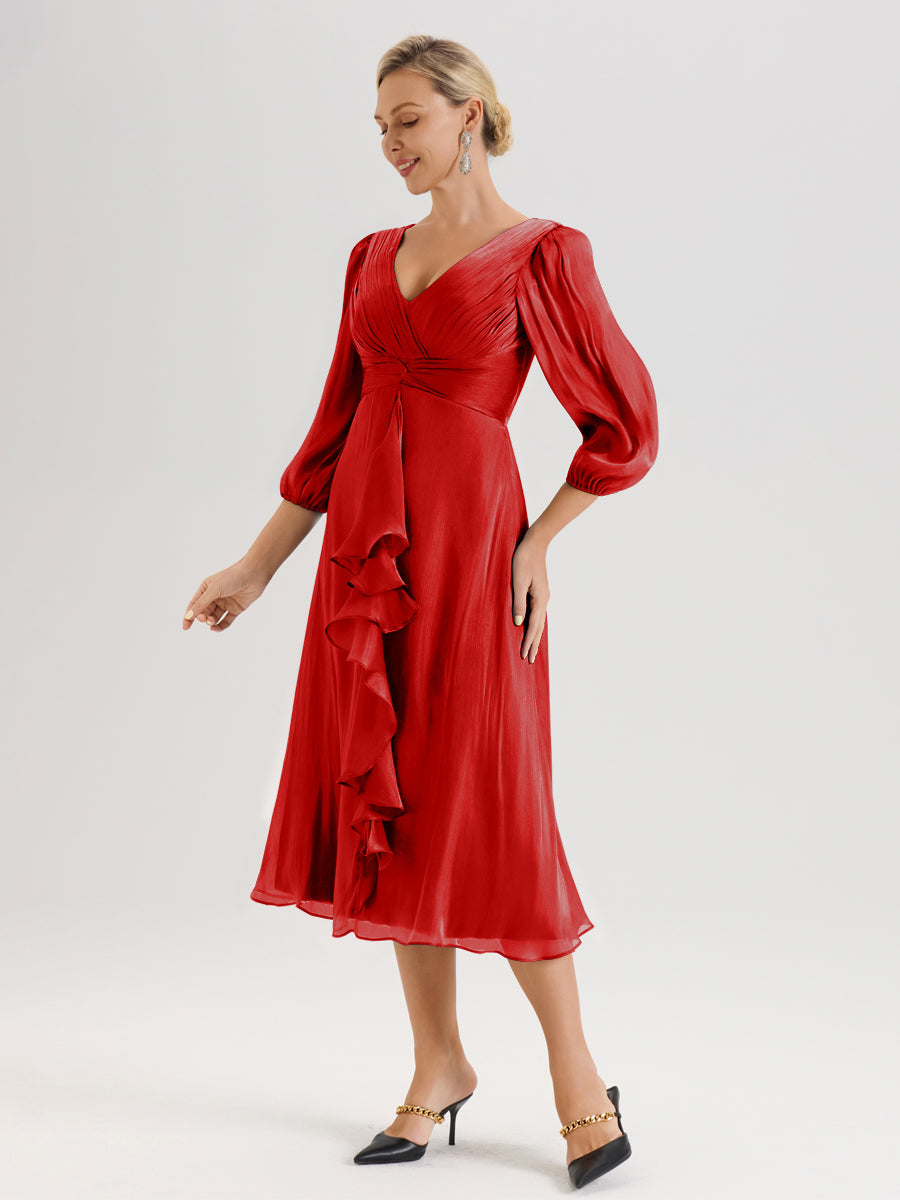 Cicinia Rouge Robe Mère De La Mariée Décolleté En V Manches Trois-Quarts Longueur Mi-Mollet