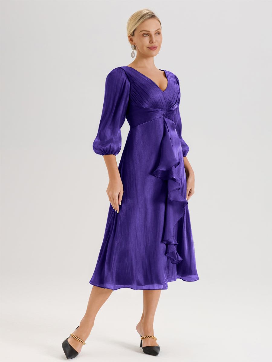 Cicinia Régence Robe Mère De La Mariée Décolleté En V Manches Trois-Quarts Longueur Mi-Mollet