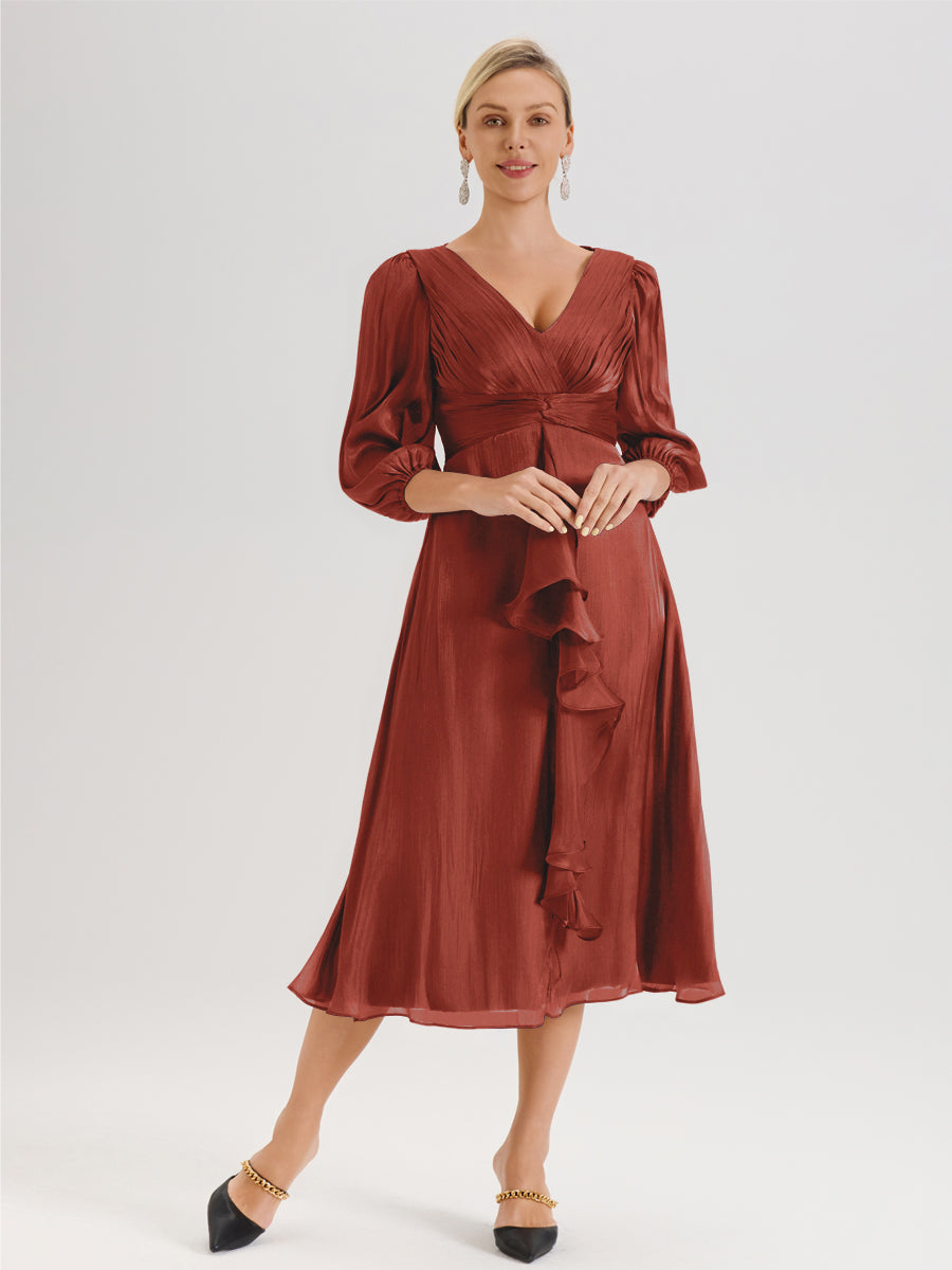 Cicinia Rouille Robe Mère De La Mariée Décolleté En V Manches Trois-Quarts Longueur Mi-Mollet