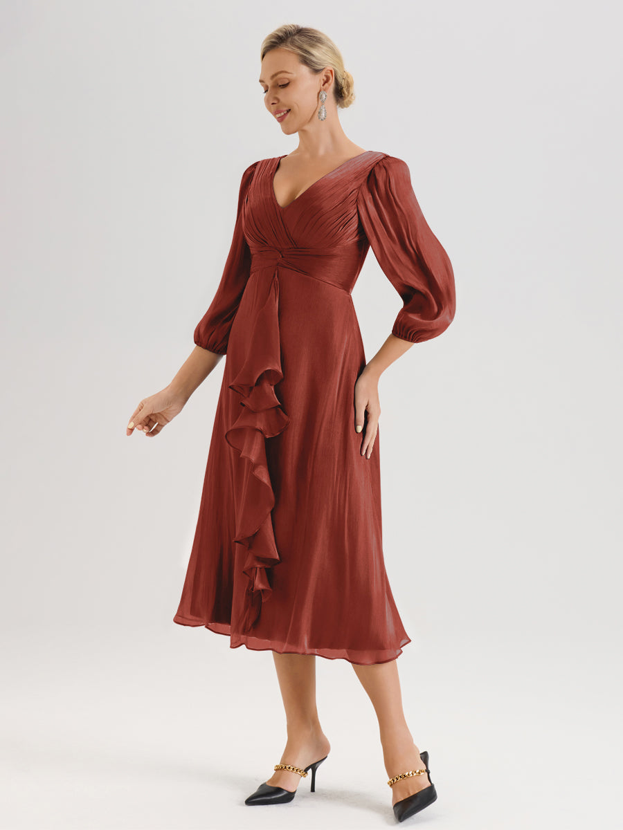 Cicinia Rouille Robe Mère De La Mariée Décolleté En V Manches Trois-Quarts Longueur Mi-Mollet