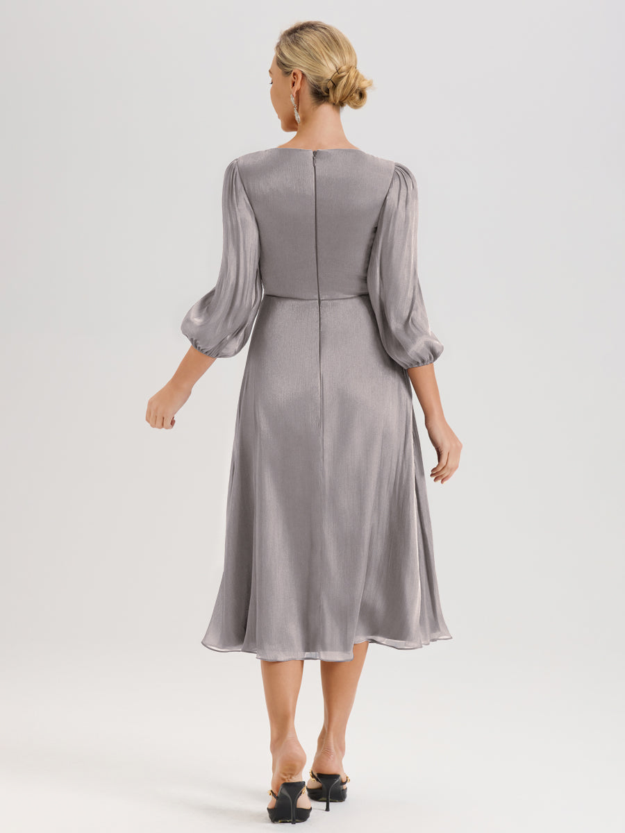 Cicinia Argent Robe Mère De La Mariée Décolleté En V Manches Trois-Quarts Longueur Mi-Mollet