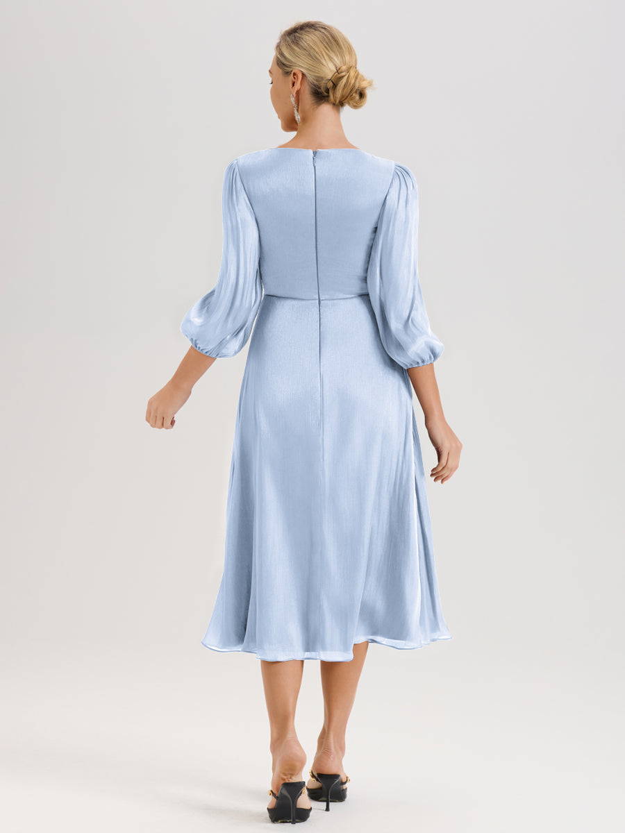 Cicinia Bleu Ciel Robe Mère De La Mariée Décolleté En V Manches Trois-Quarts Longueur Mi-Mollet