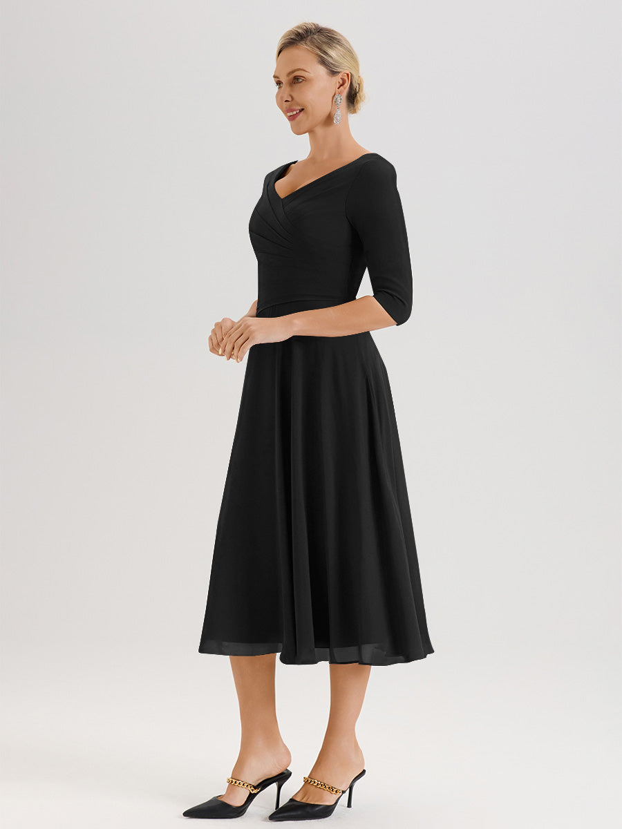 Cicinia Robe Pour Mère De La Mariée en Noir longueur Mi-Mollet Décolleté En V Et Manches 3/4 En Mousseline Trapèze