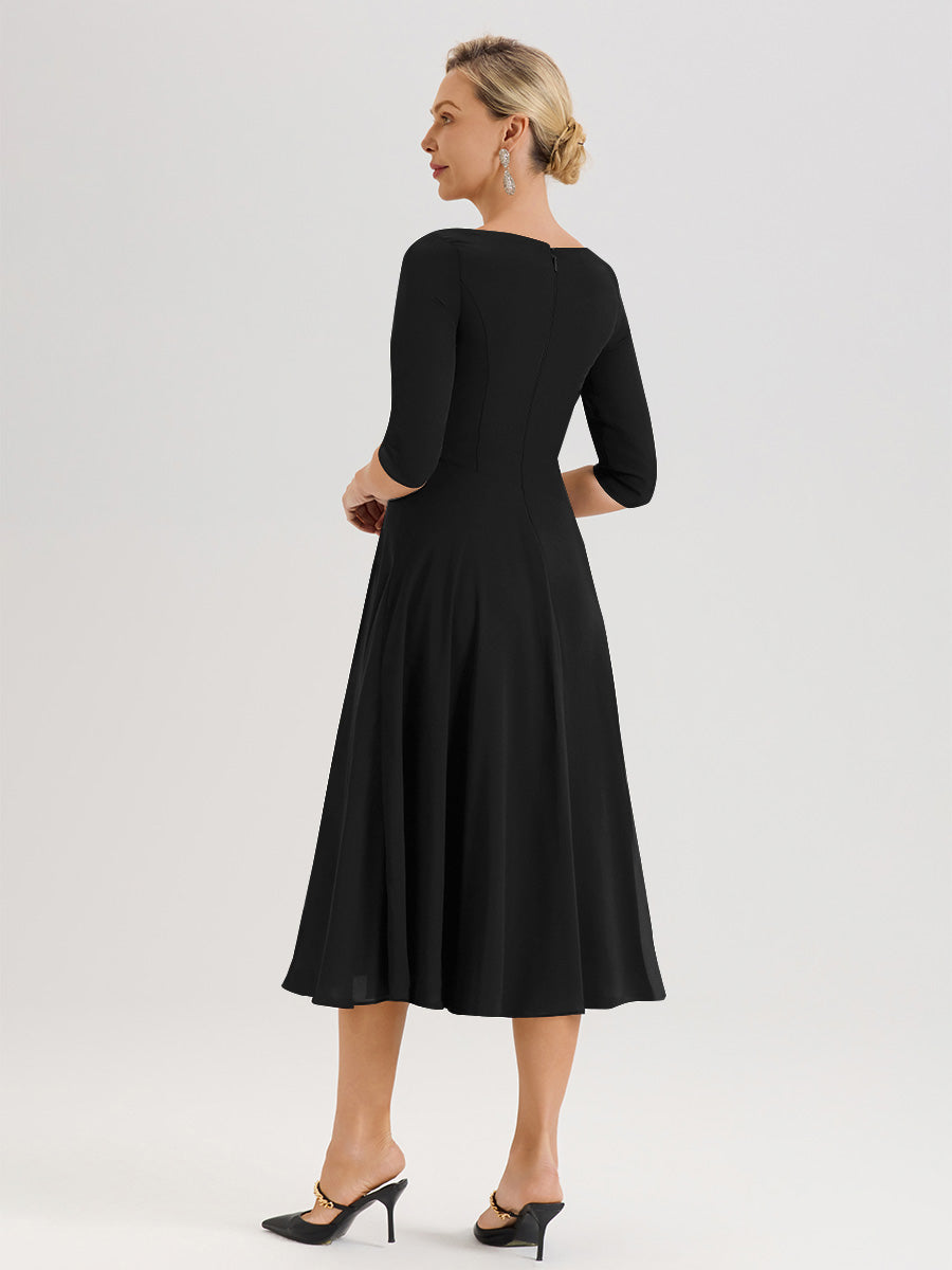 Cicinia Robe Pour Mère De La Mariée en Noir longueur Mi-Mollet Décolleté En V Et Manches 3/4 En Mousseline Trapèze