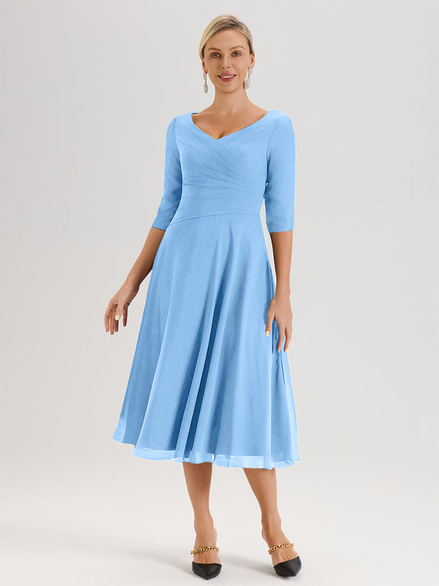 Cicinia Robe Pour Mère De La Mariée Bleu longueur Mi-Mollet Décolleté En V Et Manches 3/4 En Mousseline Trapèze