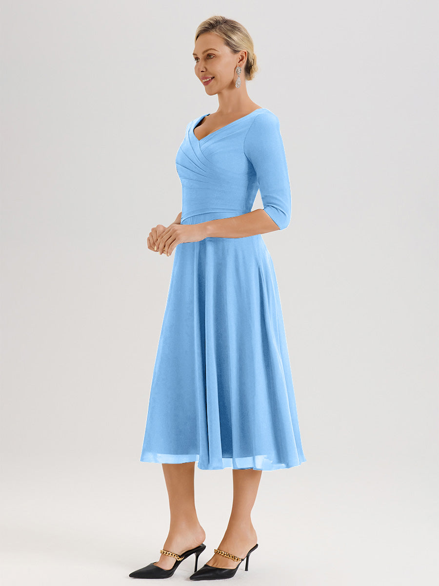 Cicinia Robe Pour Mère De La Mariée Bleu longueur Mi-Mollet Décolleté En V Et Manches 3/4 En Mousseline Trapèze