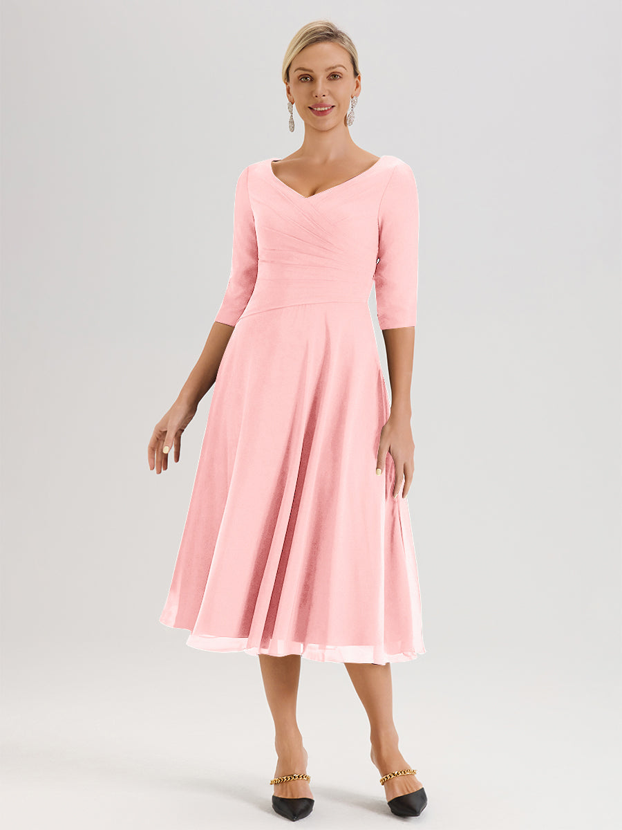 Cicinia Robe Pour Mère De La Mariée En Rose longueur Mi-Mollet Décolleté En V Et Manches 3/4 En Mousseline Trapèze