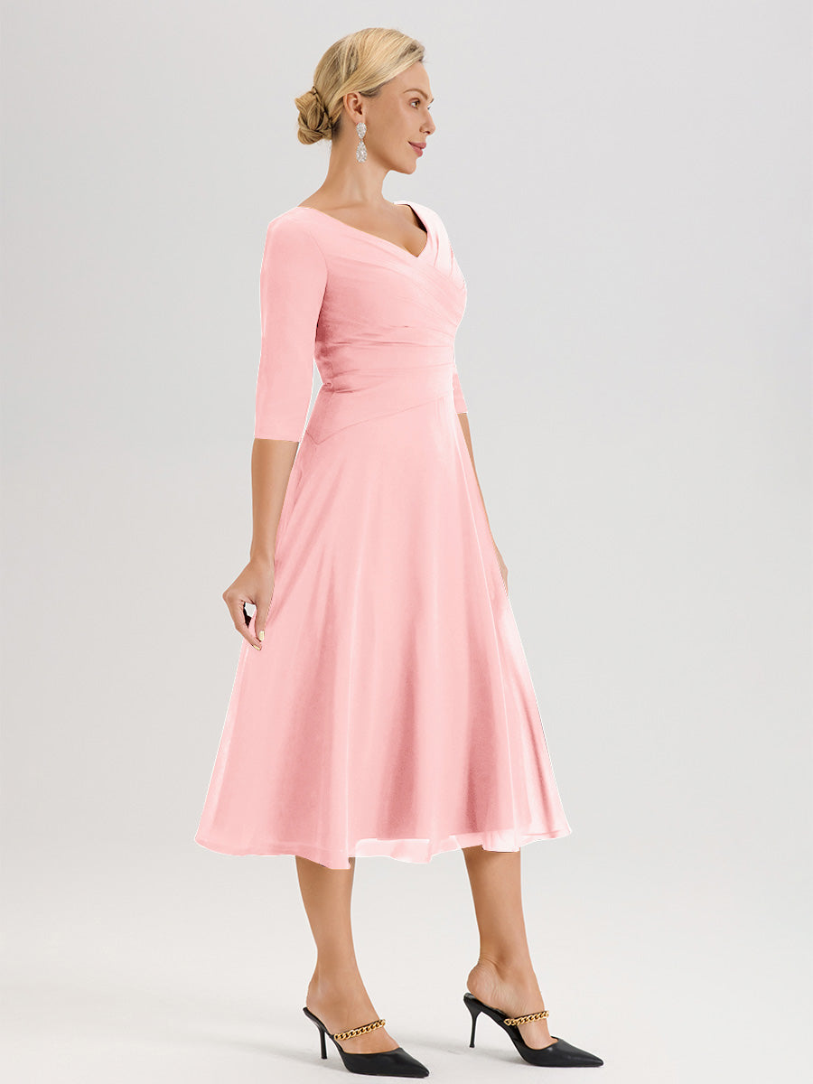 Cicinia Robe Pour Mère De La Mariée En Rose longueur Mi-Mollet Décolleté En V Et Manches 3/4 En Mousseline Trapèze