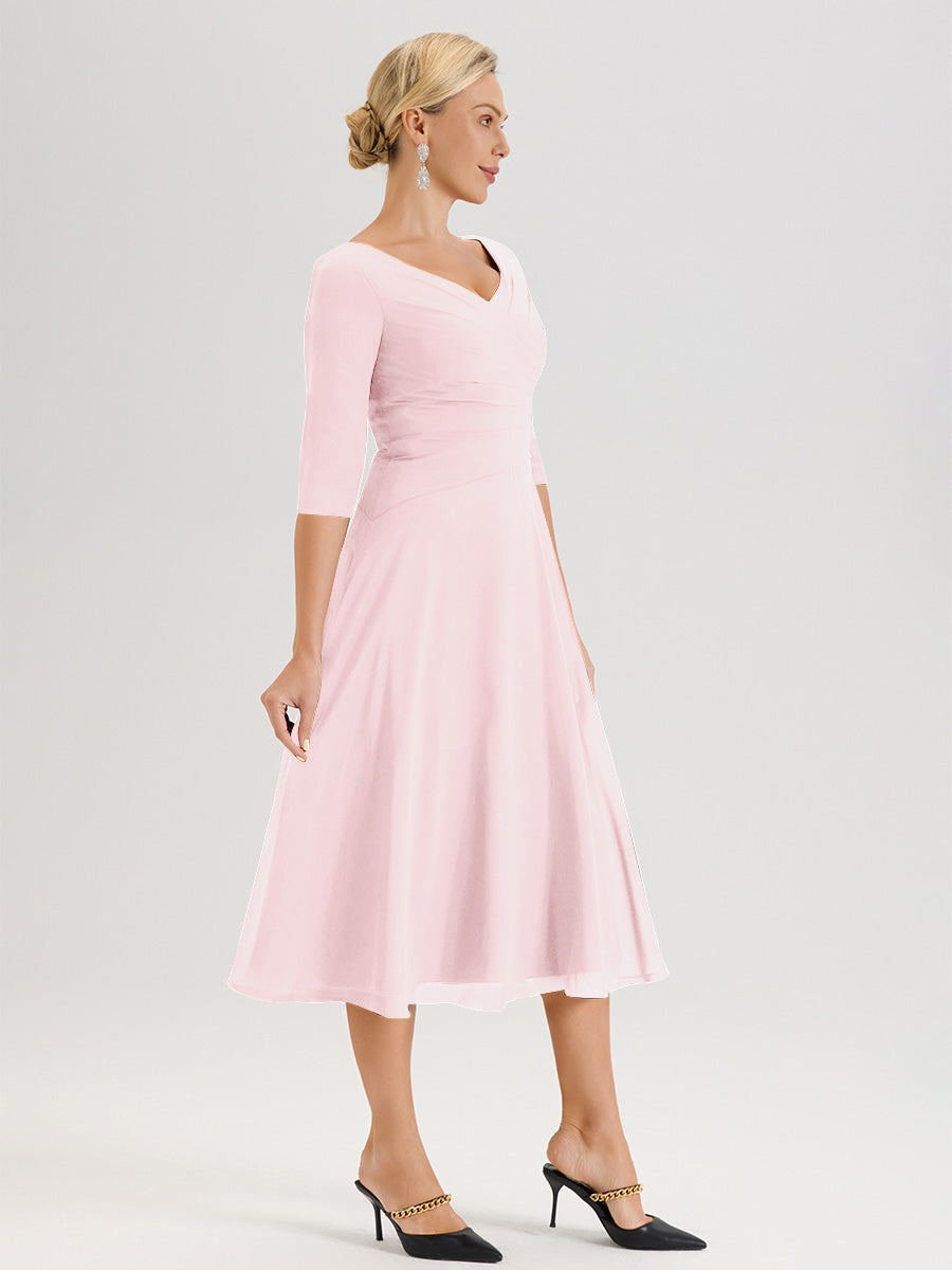 Cicinia Robe Pour Mère De La Mariée Rose Pale longueur Mi-Mollet Décolleté En V Et Manches 3/4 En Mousseline Trapèze