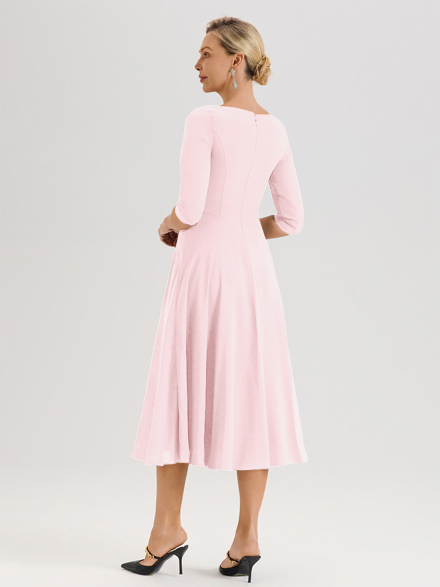 Cicinia Robe Pour Mère De La Mariée Rose Pale longueur Mi-Mollet Décolleté En V Et Manches 3/4 En Mousseline Trapèze