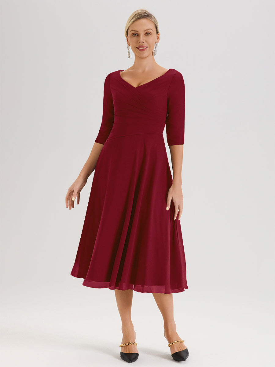 Cicinia Robe Pour Mère De La Mariée Rouge Bordeaux longueur Mi-Mollet Décolleté En V Et Manches 3/4 En Mousseline Trapèze