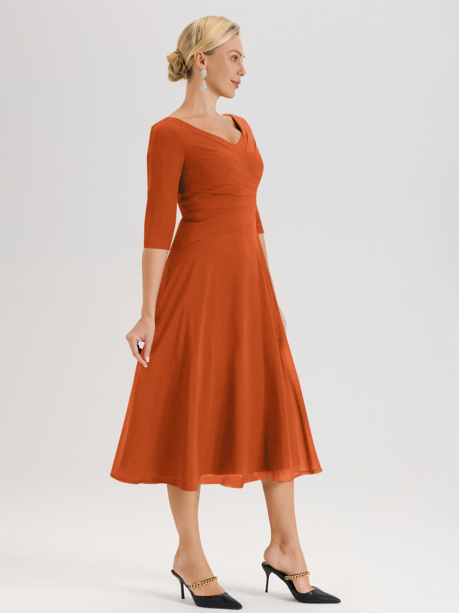 Cicinia Robe Pour Mère De La Mariée Orange Foncé longueur Mi-Mollet Décolleté En V Et Manches 3/4 En Mousseline Trapèze