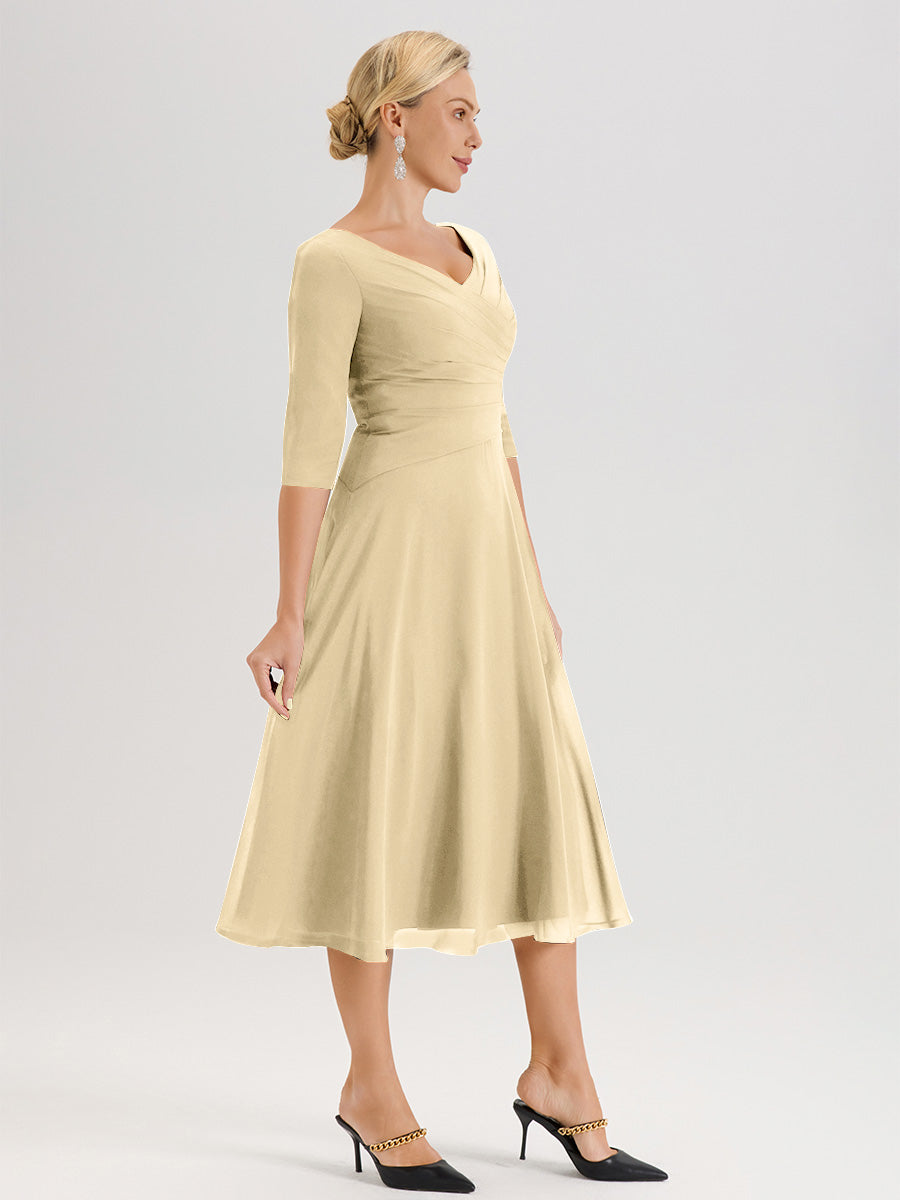Cicinia Robe Pour Mère De La Mariée Champagne longueur Mi-Mollet Décolleté En V Et Manches 3/4 En Mousseline Trapèze