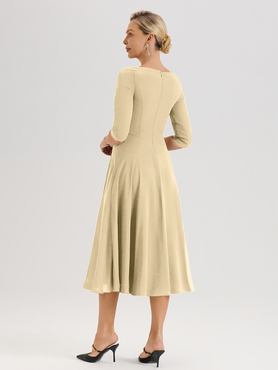 Cicinia Robe Pour Mère De La Mariée Champagne longueur Mi-Mollet Décolleté En V Et Manches 3/4 En Mousseline Trapèze
