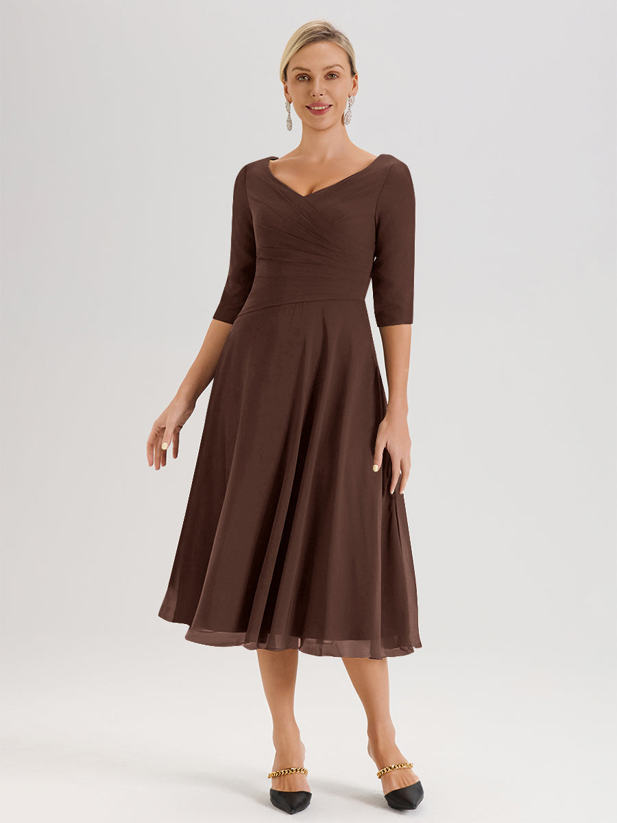 Cicinia Robe Pour Mère De La Mariée Chocolat longueur Mi-Mollet Décolleté En V Et Manches 3/4 En Mousseline Trapèze