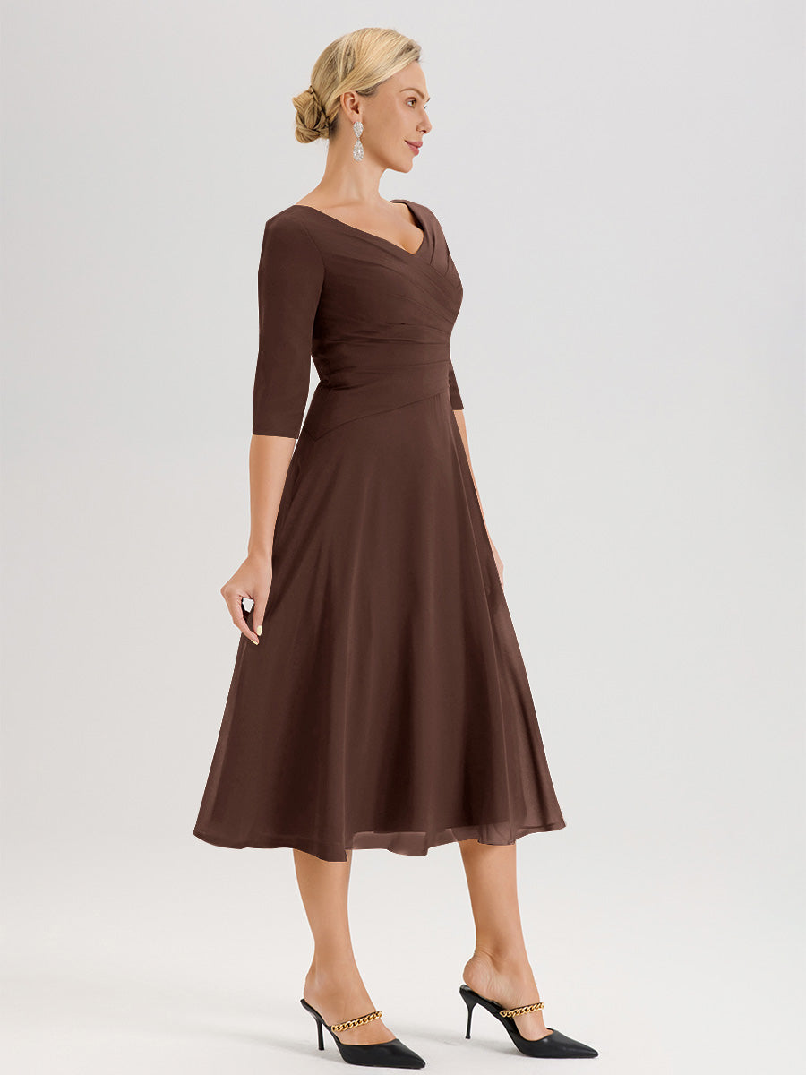 Cicinia Robe Pour Mère De La Mariée Chocolat longueur Mi-Mollet Décolleté En V Et Manches 3/4 En Mousseline Trapèze