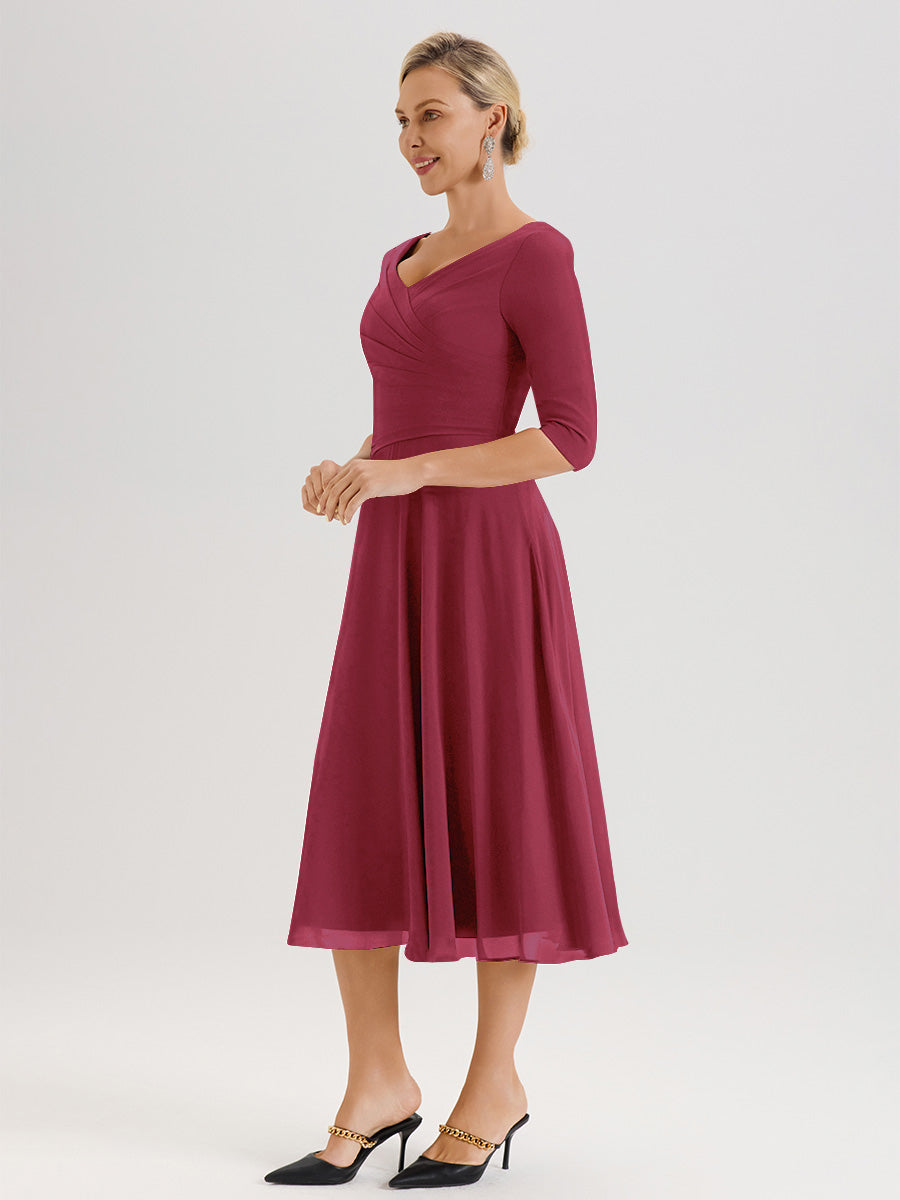 Cicinia Robe Pour Mère De La Mariée Rose Cannelle longueur Mi-Mollet Décolleté En V Et Manches 3/4 En Mousseline Trapèze