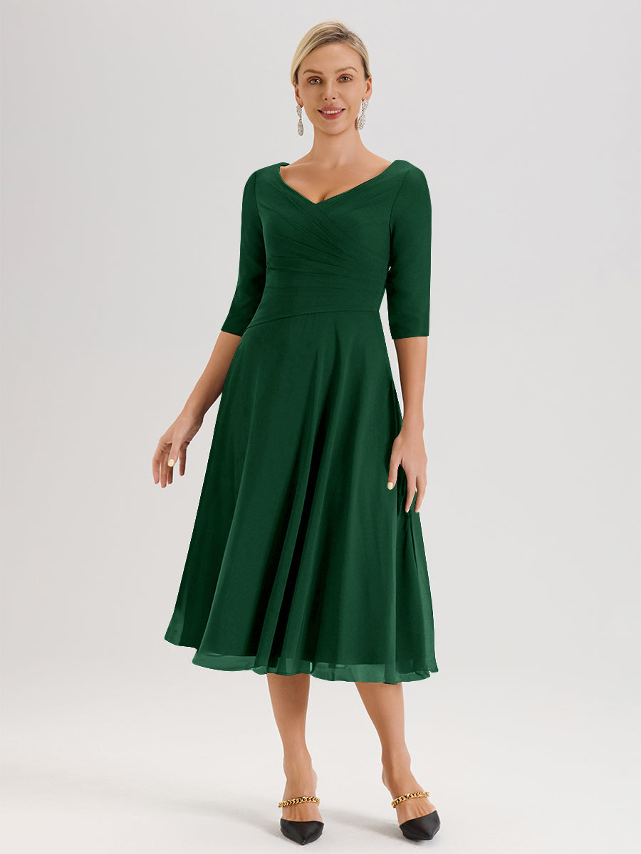 Cicinia Robe Pour Mère De La Mariée Vert Foncé longueur Mi-Mollet Décolleté En V Et Manches 3/4 En Mousseline Trapèze