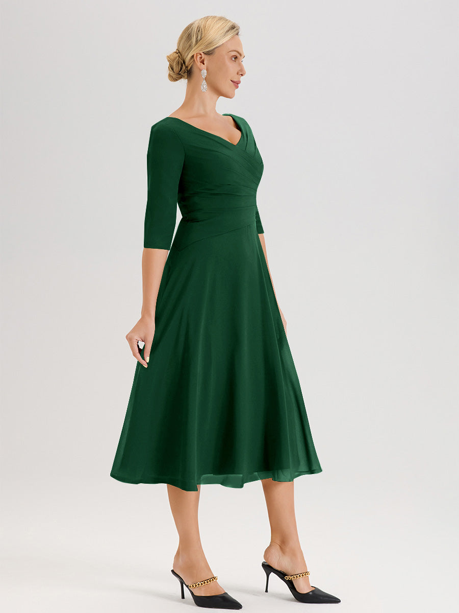 Cicinia Robe Pour Mère De La Mariée Vert Foncé longueur Mi-Mollet Décolleté En V Et Manches 3/4 En Mousseline Trapèze