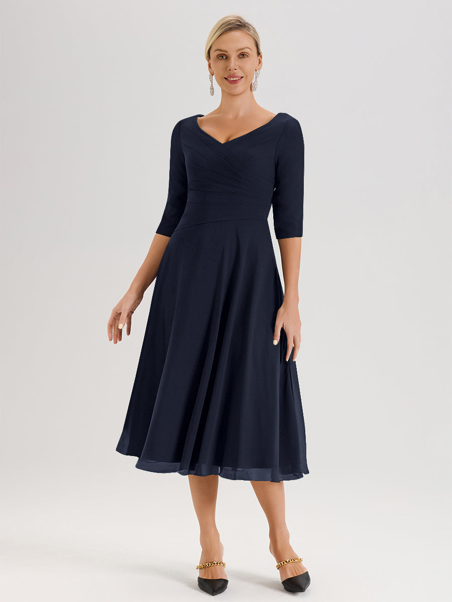 Cicinia Robe Pour Mère De La Mariée Bleu Marine longueur Mi-Mollet Décolleté En V Et Manches 3/4 En Mousseline Trapèze