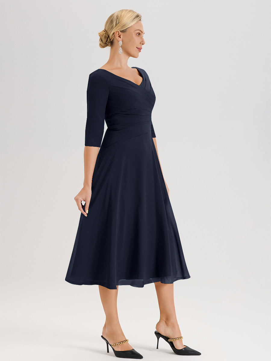 Cicinia Robe Pour Mère De La Mariée Bleu Marine longueur Mi-Mollet Décolleté En V Et Manches 3/4 En Mousseline Trapèze