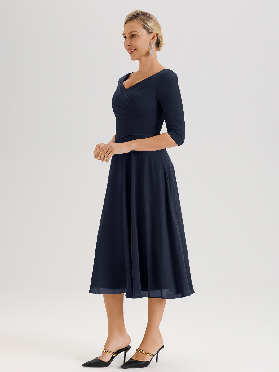 Cicinia Robe Pour Mère De La Mariée Bleu Marine longueur Mi-Mollet Décolleté En V Et Manches 3/4 En Mousseline Trapèze