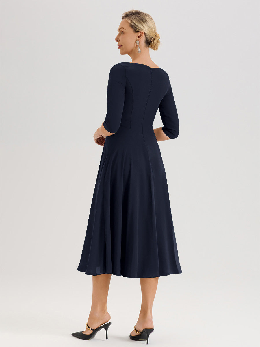 Cicinia Robe Pour Mère De La Mariée Bleu Marine longueur Mi-Mollet Décolleté En V Et Manches 3/4 En Mousseline Trapèze