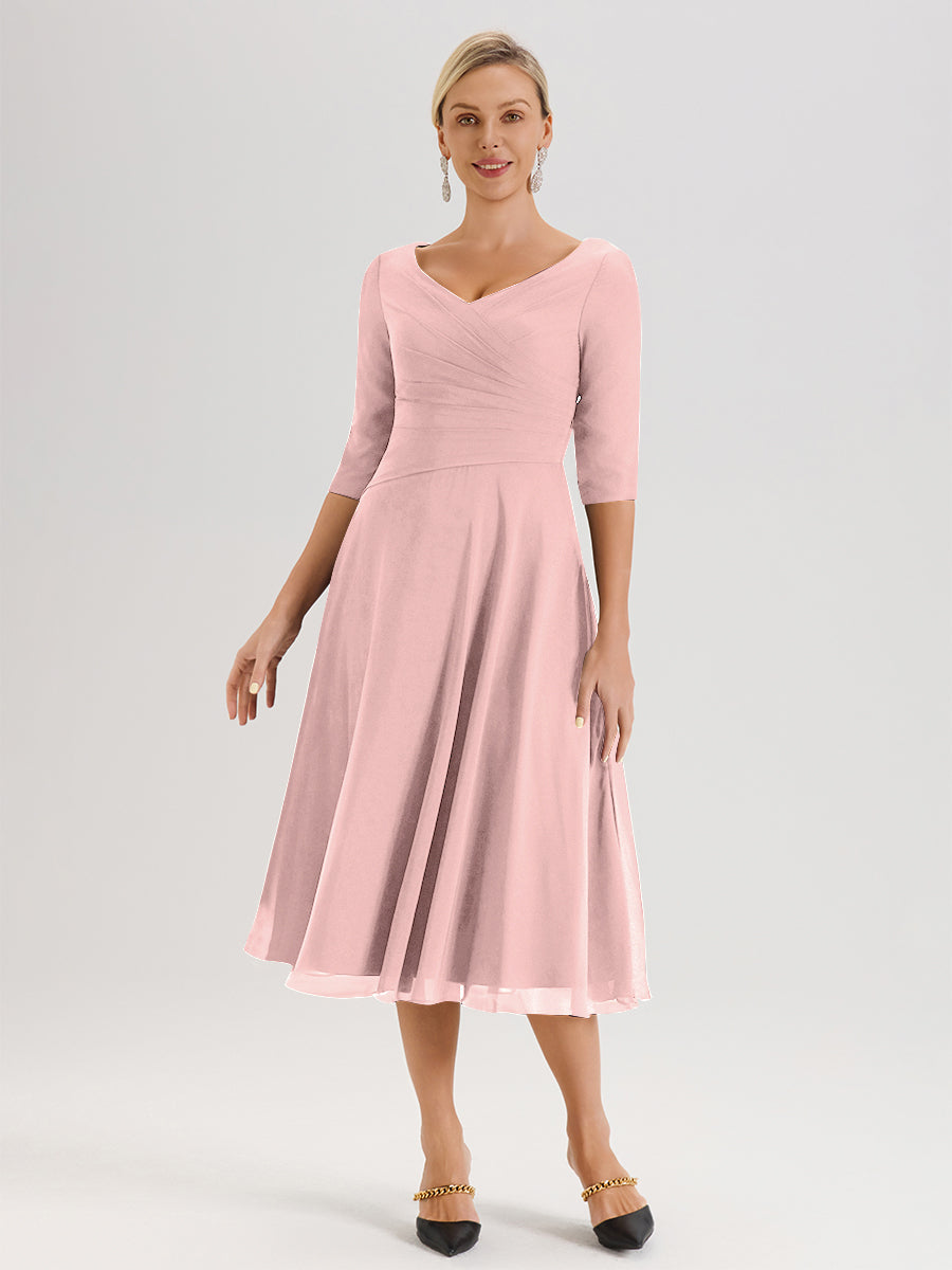 Cicinia Robe Pour Mère De La Mariée Rose Poudrée longueur Mi-Mollet Décolleté En V Et Manches 3/4 En Mousseline Trapèze