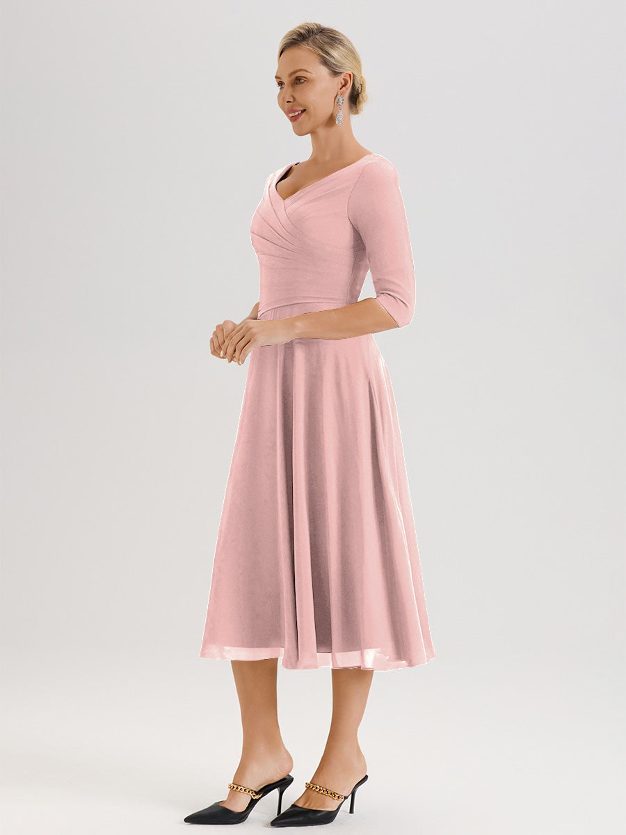 Cicinia Robe Pour Mère De La Mariée Rose Poudrée longueur Mi-Mollet Décolleté En V Et Manches 3/4 En Mousseline Trapèze