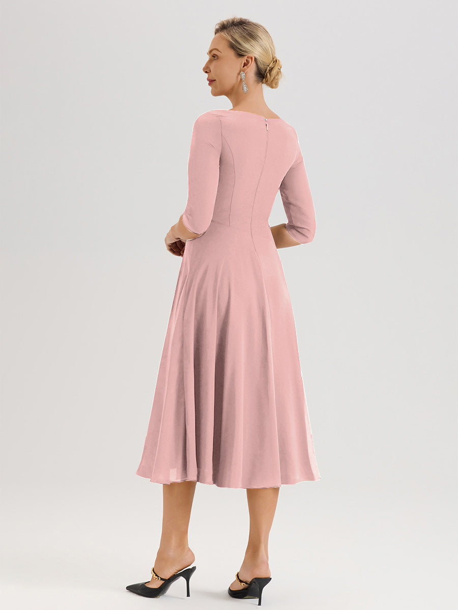 Cicinia Robe Pour Mère De La Mariée Rose Poudrée longueur Mi-Mollet Décolleté En V Et Manches 3/4 En Mousseline Trapèze