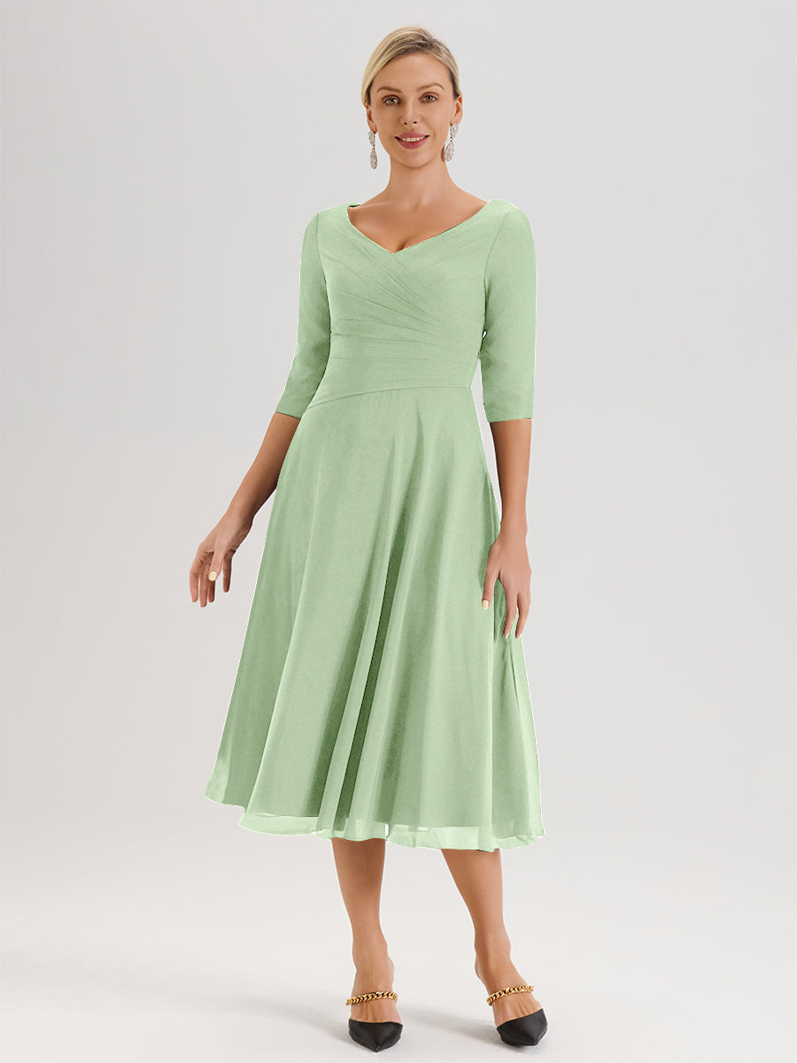 Cicinia Robe Pour Mère De La Mariée Sauge Poussiéreux longueur Mi-Mollet Décolleté En V Et Manches 3/4 En Mousseline Trapèze
