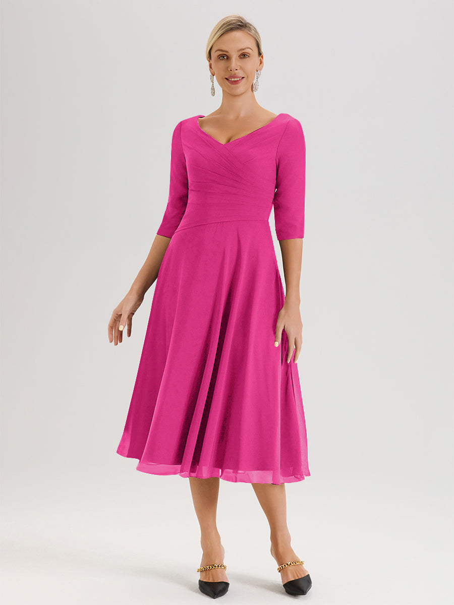Cicinia Robe Pour Mère De La Mariée en Fuchsia longueur Mi-Mollet Décolleté En V Et Manches 3/4 En Mousseline Trapèze