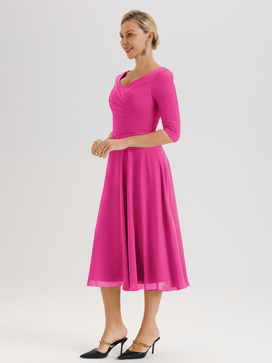 Cicinia Robe Pour Mère De La Mariée en Fuchsia longueur Mi-Mollet Décolleté En V Et Manches 3/4 En Mousseline Trapèze