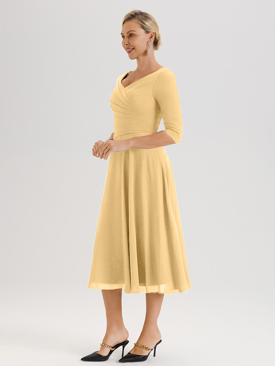 Cicinia Robe Pour Mère De La Mariée Dorée longueur Mi-Mollet Décolleté En V Et Manches 3/4 En Mousseline Trapèze