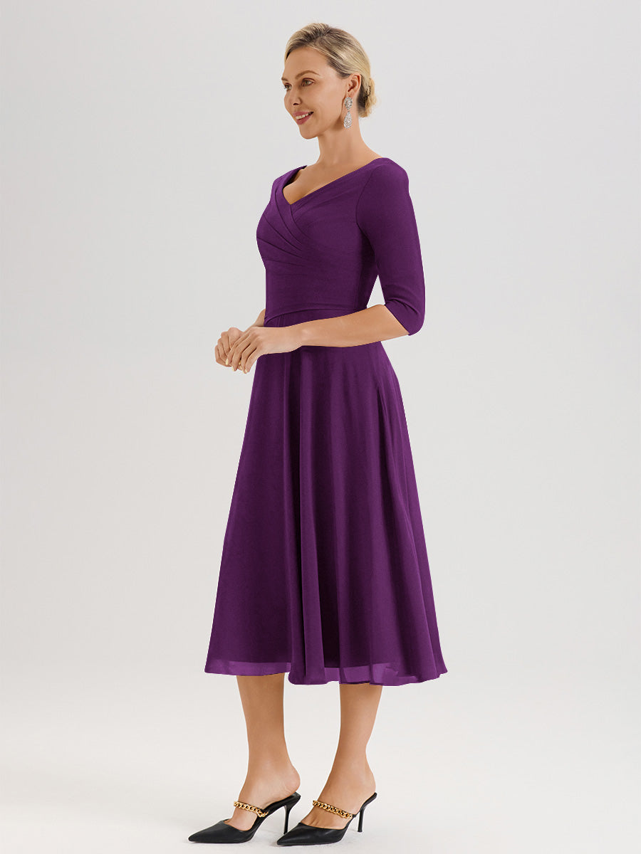 Cicinia Robe Pour Mère De La Mariée En Raisin longueur Mi-Mollet Décolleté En V Et Manches 3/4 En Mousseline Trapèze