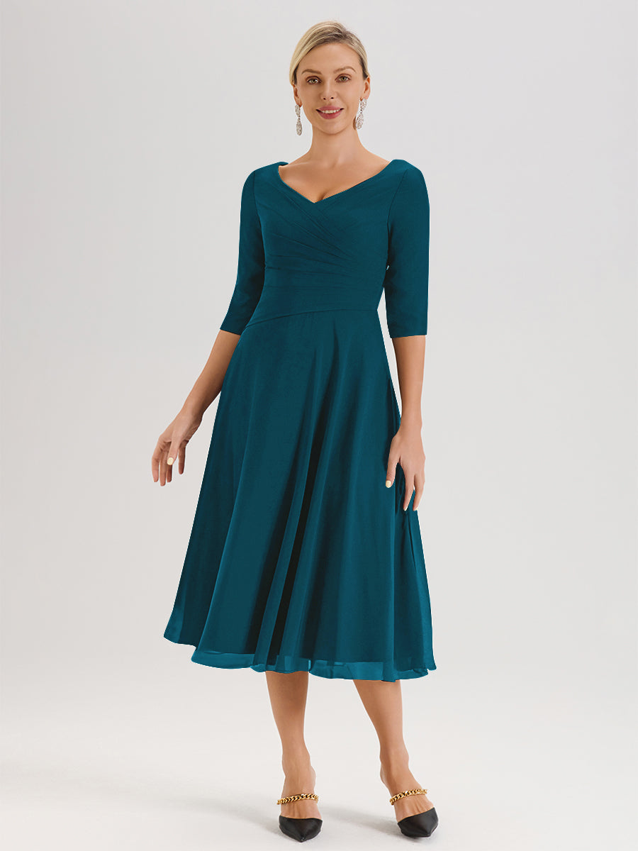 Cicinia Robe Pour Mère De La Mariée Bleu Encre longueur Mi-Mollet Décolleté En V Et Manches 3/4 En Mousseline Trapèze