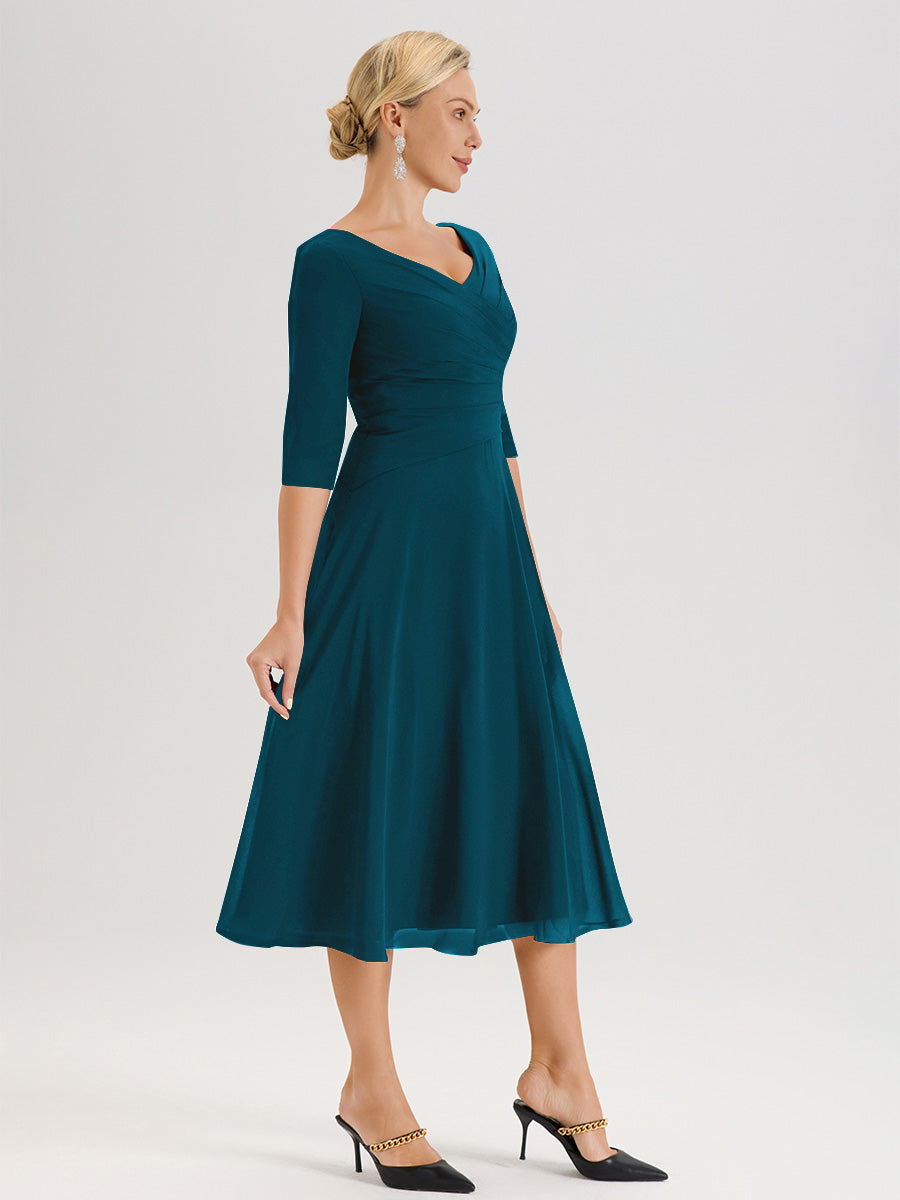 Cicinia Robe Pour Mère De La Mariée Bleu Encre longueur Mi-Mollet Décolleté En V Et Manches 3/4 En Mousseline Trapèze