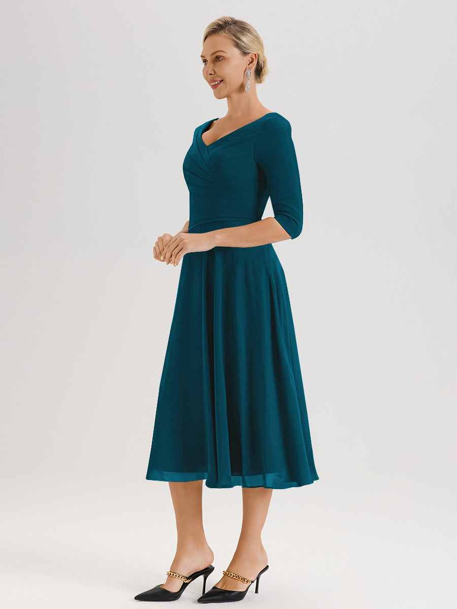 Cicinia Robe Pour Mère De La Mariée Bleu Encre longueur Mi-Mollet Décolleté En V Et Manches 3/4 En Mousseline Trapèze